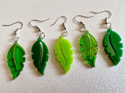 Leaf Earrings: Laser Cut Acrylic Leaves, Tropical, Green Earrings, Plants, Gifts for Her/Him/Them