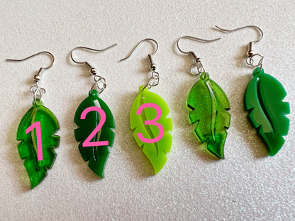 Leaf Earrings: Laser Cut Acrylic Leaves, Tropical, Green Earrings, Plants, Gifts for Her/Him/Them
