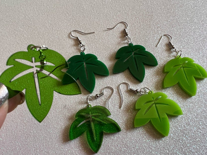 Leaf Earrings: Laser Cut Acrylic Leaves, Tropical, Green Earrings, Plants, Gifts for Her/Him/Them