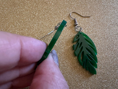 Leaf Earrings: Laser Cut Acrylic Leaves, Tropical, Green Earrings, Plants, Gifts for Her/Him/Them