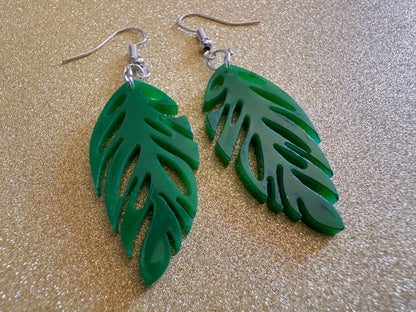 Leaf Earrings: Laser Cut Acrylic Leaves, Tropical, Green Earrings, Plants, Gifts for Her/Him/Them