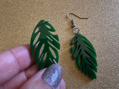 Leaf Earrings: Laser Cut Acrylic Leaves, Tropical, Green Earrings, Plants, Gifts for Her/Him/Them