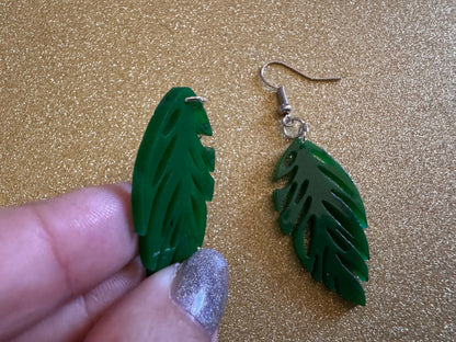 Leaf Earrings: Laser Cut Acrylic Leaves, Tropical, Green Earrings, Plants, Gifts for Her/Him/Them