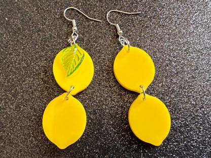 Lemon Earrings: Laser Cut Acrylic Lemons with Green Leaves, Lemonade, Fruit, Citrus, Food Earrings, Best Gifts for Her/Him/Them