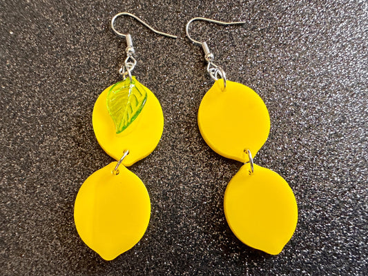 Lemon Earrings: Laser Cut Acrylic Lemons with Green Leaves, Lemonade, Fruit, Citrus, Food Earrings, Best Gifts for Her/Him/Them