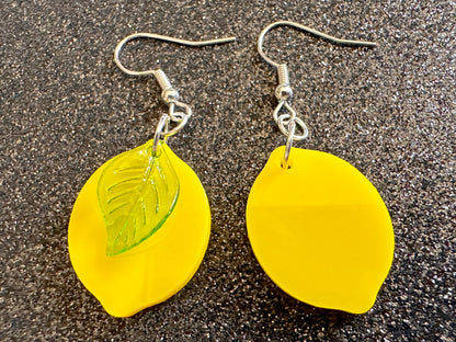 Lemon Earrings: Laser Cut Acrylic Lemons with Green Leaves, Lemonade, Fruit, Citrus, Food Earrings, Best Gifts for Her/Him/Them