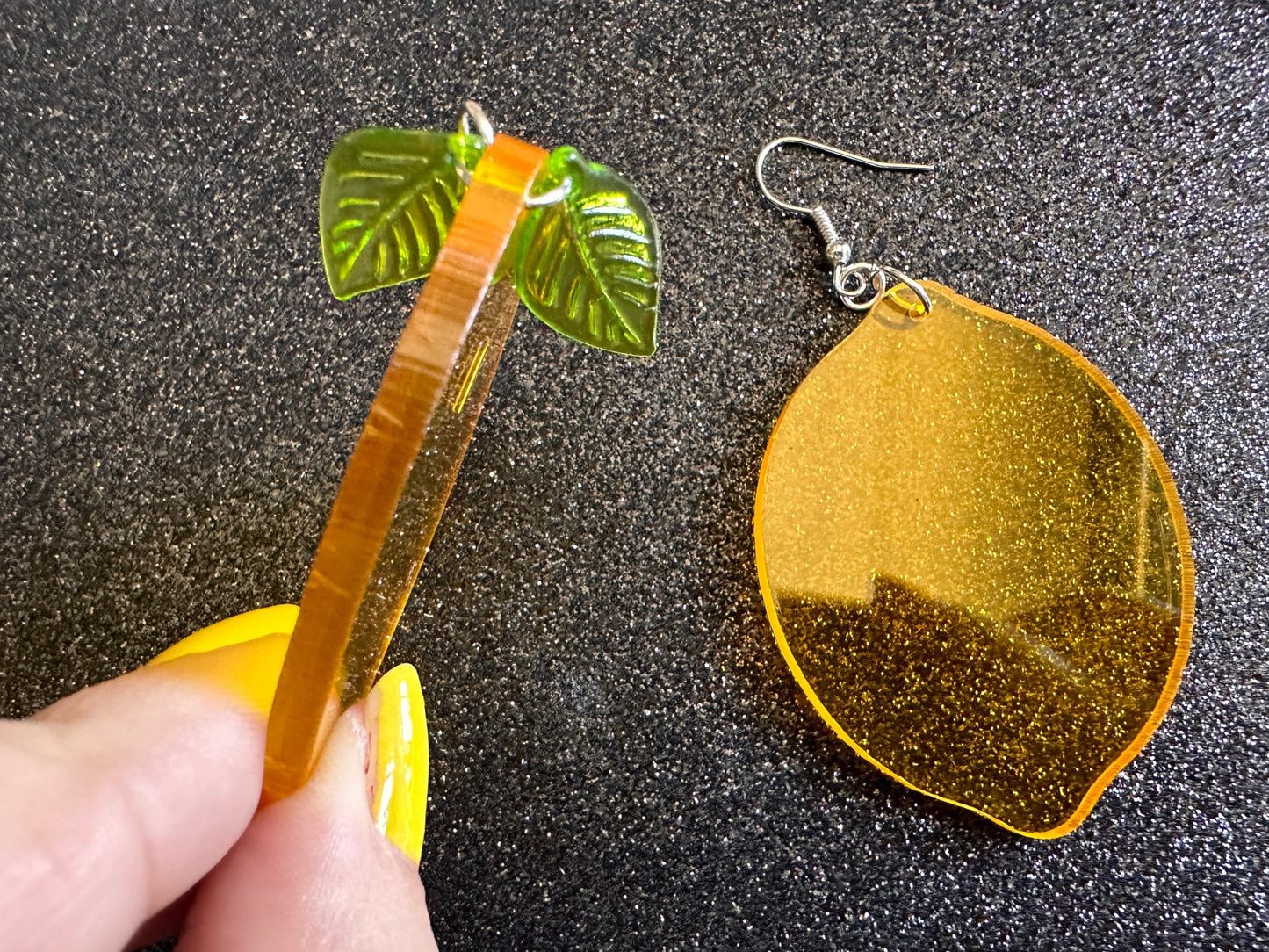 Lemon Earrings: Laser Cut Acrylic Lemons with Green Leaves, Lemonade, Fruit, Citrus, Food Earrings, Best Gifts for Her/Him/Them
