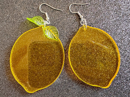 Lemon Earrings: Laser Cut Acrylic Lemons with Green Leaves, Lemonade, Fruit, Citrus, Food Earrings, Best Gifts for Her/Him/Them