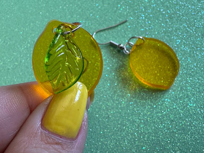 Lemon Earrings: Laser Cut Acrylic Lemons with Green Leaves, Lemonade, Fruit, Citrus, Food Earrings, Best Gifts for Her/Him/Them