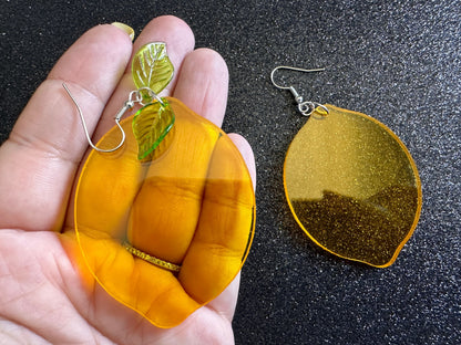Lemon Earrings: Laser Cut Acrylic Lemons with Green Leaves, Lemonade, Fruit, Citrus, Food Earrings, Best Gifts for Her/Him/Them