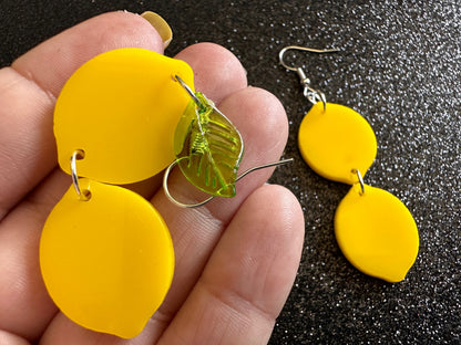 Lemon Earrings: Laser Cut Acrylic Lemons with Green Leaves, Lemonade, Fruit, Citrus, Food Earrings, Best Gifts for Her/Him/Them