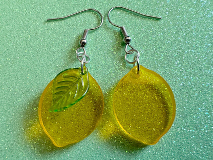 Lemon Earrings: Laser Cut Acrylic Lemons with Green Leaves, Lemonade, Fruit, Citrus, Food Earrings, Best Gifts for Her/Him/Them