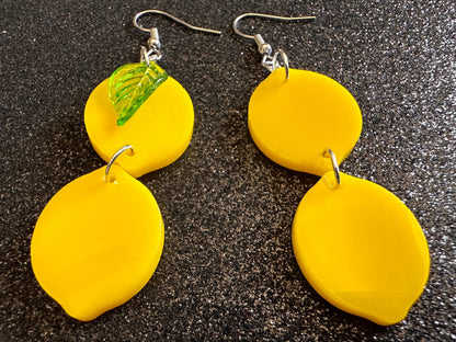 Lemon Earrings: Laser Cut Acrylic Lemons with Green Leaves, Lemonade, Fruit, Citrus, Food Earrings, Best Gifts for Her/Him/Them