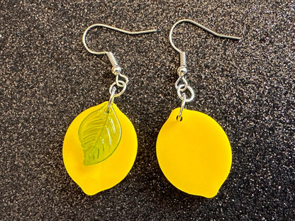 Lemon Earrings: Laser Cut Acrylic Lemons with Green Leaves, Lemonade, Fruit, Citrus, Food Earrings, Best Gifts for Her/Him/Them
