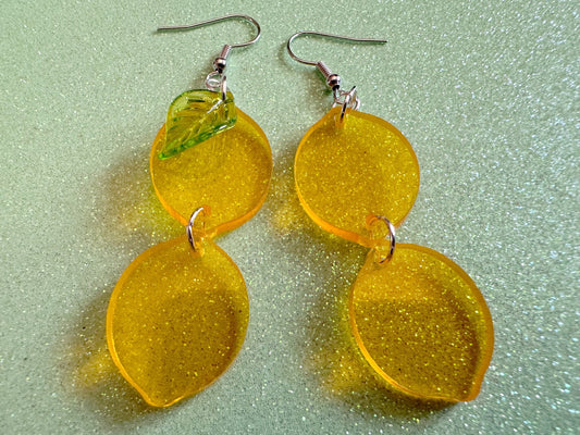 Lemon Earrings: Laser Cut Acrylic Lemons with Green Leaves, Lemonade, Fruit, Citrus, Food Earrings, Gifts for Her/Him/Them
