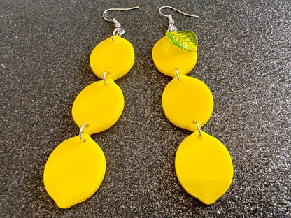 Lemon Earrings: Laser Cut Acrylic Lemons with Green Leaves, Lemonade, Fruit, Citrus, Food Earrings, Gifts for Her/Him/Them