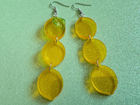 Lemon Earrings: Laser Cut Acrylic Lemons with Green Leaves, Lemonade, Fruit, Citrus, Food Earrings, Gifts for Her/Him/Them