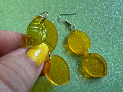 Lemon Earrings: Laser Cut Acrylic Lemons with Green Leaves, Lemonade, Fruit, Citrus, Food Earrings, Gifts for Her/Him/Them