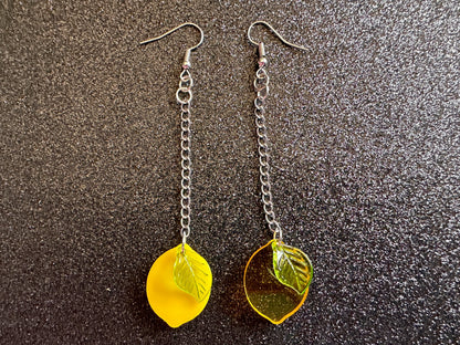 Lemon Earrings: Laser Cut Acrylic Lemons with Green Leaves, Lemonade, Fruit, Citrus, Food Earrings, Gifts for Her/Him/Them