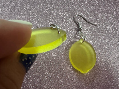 Lemon Earrings: Laser Cut Acrylic Lemons with Green Leaves, Lemonade, Fruit, Citrus, Food Earrings, Gifts for Her/Him/Them