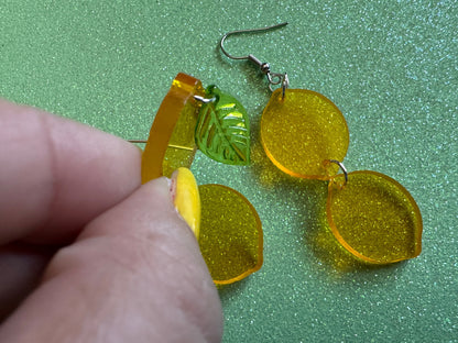 Lemon Earrings: Laser Cut Acrylic Lemons with Green Leaves, Lemonade, Fruit, Citrus, Food Earrings, Gifts for Her/Him/Them