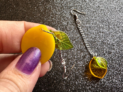 Lemon Earrings: Laser Cut Acrylic Lemons with Green Leaves, Lemonade, Fruit, Citrus, Food Earrings, Gifts for Her/Him/Them