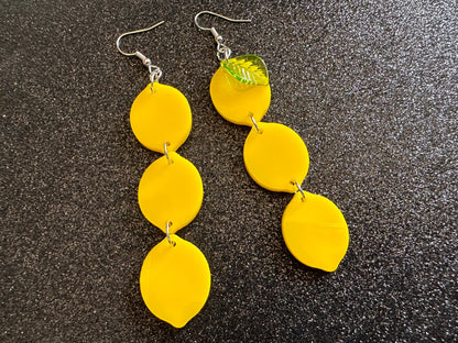 Lemon Earrings: Laser Cut Acrylic Lemons with Green Leaves, Lemonade, Fruit, Citrus, Food Earrings, Gifts for Her/Him/Them