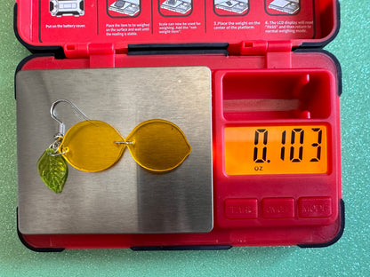 Lemon Earrings: Laser Cut Acrylic Lemons with Green Leaves, Lemonade, Fruit, Citrus, Food Earrings, Gifts for Her/Him/Them