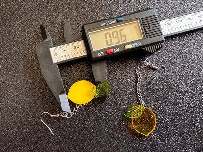 Lemon Earrings: Laser Cut Acrylic Lemons with Green Leaves, Lemonade, Fruit, Citrus, Food Earrings, Gifts for Her/Him/Them