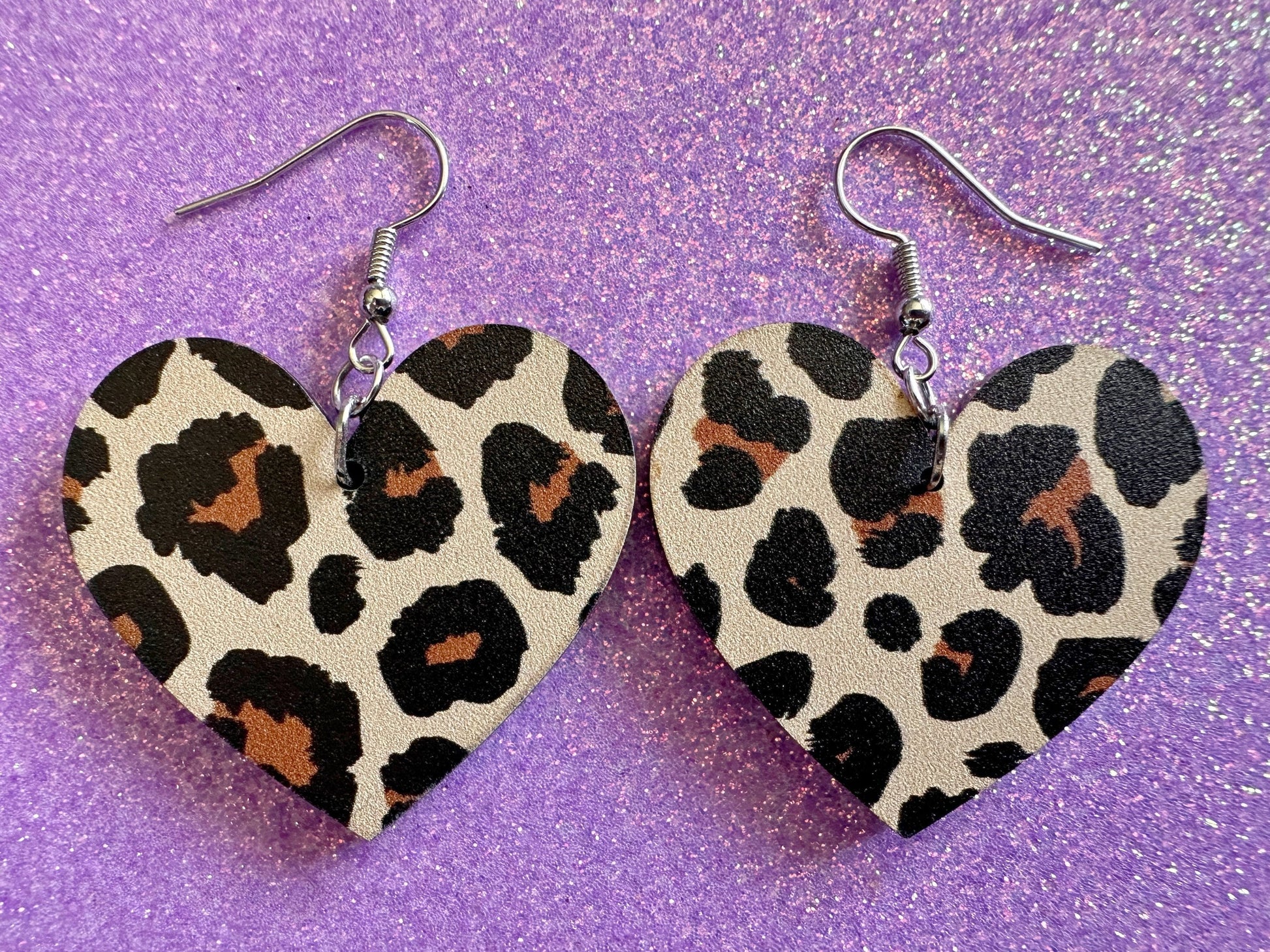 Leopard Print Earrings: Laser Cut Acrylic Leopard Hearts, Safari, Big Cats, Animal Print, Feline, Zoo, Sassy, Best Gifts for Her/Him/Them