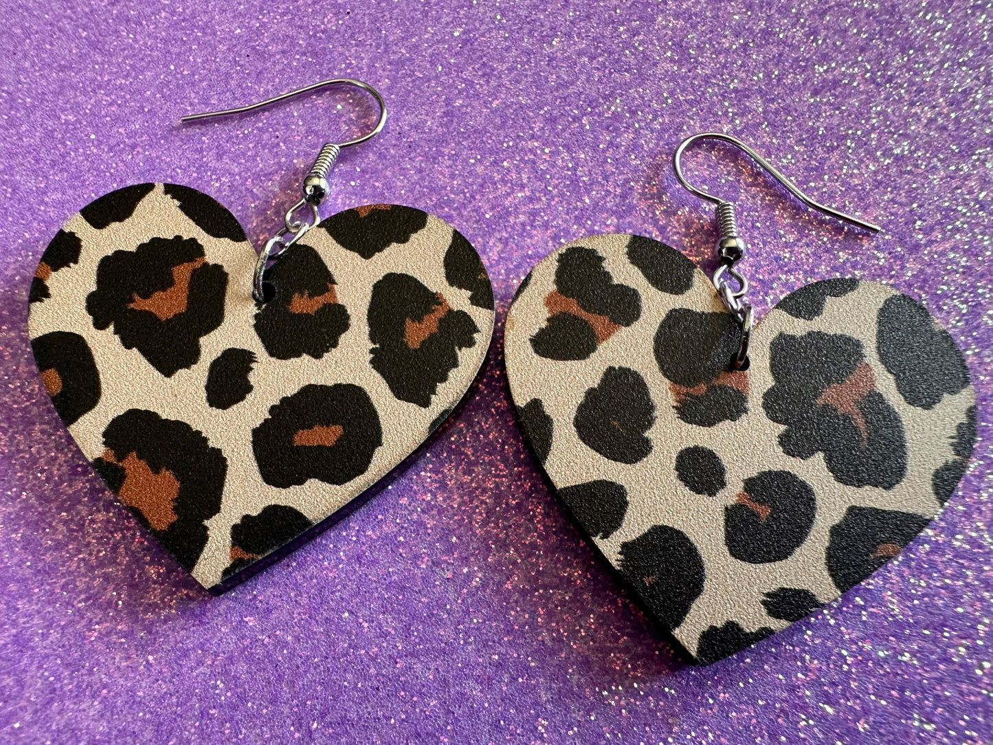 Leopard Print Earrings: Laser Cut Acrylic Leopard Hearts, Safari, Big Cats, Animal Print, Feline, Zoo, Sassy, Best Gifts for Her/Him/Them