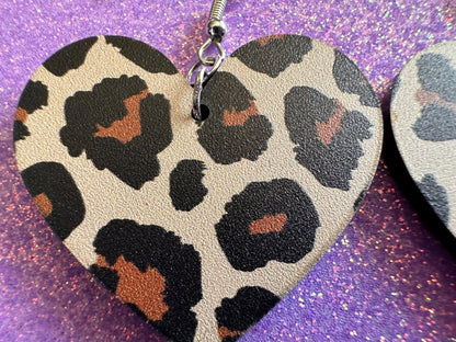 Leopard Print Earrings: Laser Cut Acrylic Leopard Hearts, Safari, Big Cats, Animal Print, Feline, Zoo, Sassy, Best Gifts for Her/Him/Them