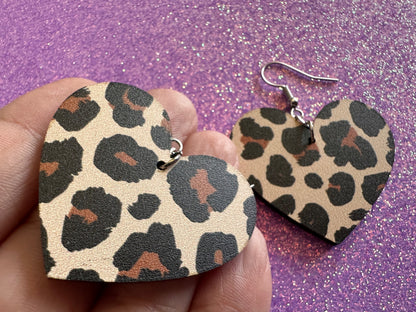 Leopard Print Earrings: Laser Cut Acrylic Leopard Hearts, Safari, Big Cats, Animal Print, Feline, Zoo, Sassy, Best Gifts for Her/Him/Them