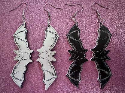 Long Flying Bat Earrings: Laser Cut Acrylic Bats, Halloween, Magic, Spooky, Black Bats, Vamp, Vampire, Best Gifts for Her/Him/Them