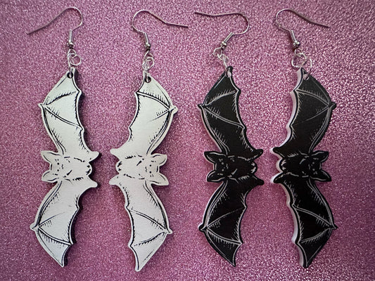 Long Flying Bat Earrings: Laser Cut Acrylic Bats, Halloween, Magic, Spooky, Black Bats, Vamp, Vampire, Best Gifts for Her/Him/Them