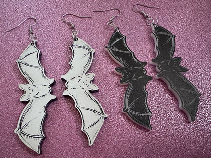 Long Flying Bat Earrings: Laser Cut Acrylic Bats, Halloween, Magic, Spooky, Black Bats, Vamp, Vampire, Best Gifts for Her/Him/Them
