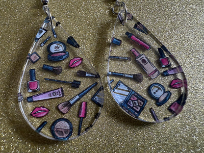 Makeup Earrings: Laser Cut Acrylic Makeup Collection, Mascara, Lipstick, Blush, Lashes, Beautician, Diva, Girl, Best Gifts for Her/Him/Them