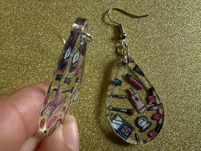 Makeup Earrings: Laser Cut Acrylic Makeup Collection, Mascara, Lipstick, Blush, Lashes, Beautician, Diva, Girl, Best Gifts for Her/Him/Them