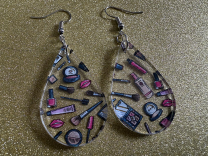 Makeup Earrings: Laser Cut Acrylic Makeup Collection, Mascara, Lipstick, Blush, Lashes, Beautician, Diva, Girl, Best Gifts for Her/Him/Them