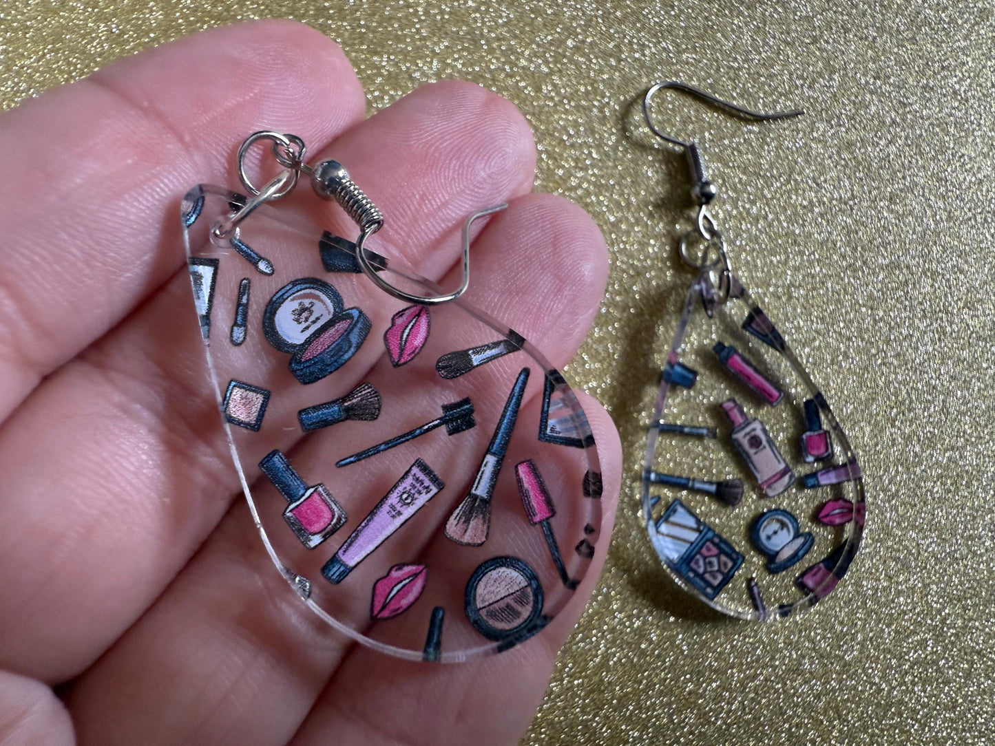 Makeup Earrings: Laser Cut Acrylic Makeup Collection, Mascara, Lipstick, Blush, Lashes, Beautician, Diva, Girl, Best Gifts for Her/Him/Them