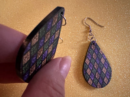 Mardi Gras Earrings: Laser Cut Acrylic Carnival Earrings, Purple, Gold, Green Earrings, New Orleans, Fleur-de-lis, Gifts for Her/Him/Them