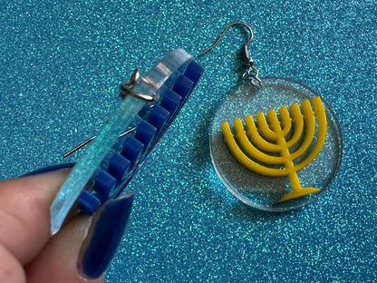 Menorah Earrings: Laser Cut Acrylic Menorahs, Hanukkah, Jewish Celebration, Israel, Candles, Holiday, Festive, Gifts for Her/Him/Them
