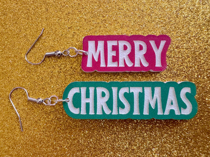 Merry Christmas Earrings: Laser Cut Acrylic Xmas Text Earrings, X-mas, Winter Holidays, Santa Claus, Presents, Best Gifts for Her/Him/Them