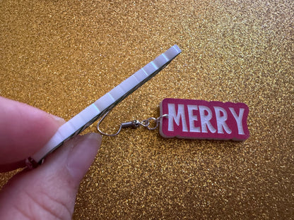 Merry Christmas Earrings: Laser Cut Acrylic Xmas Text Earrings, X-mas, Winter Holidays, Santa Claus, Presents, Best Gifts for Her/Him/Them
