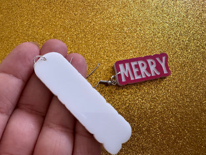 Merry Christmas Earrings: Laser Cut Acrylic Xmas Text Earrings, X-mas, Winter Holidays, Santa Claus, Presents, Best Gifts for Her/Him/Them