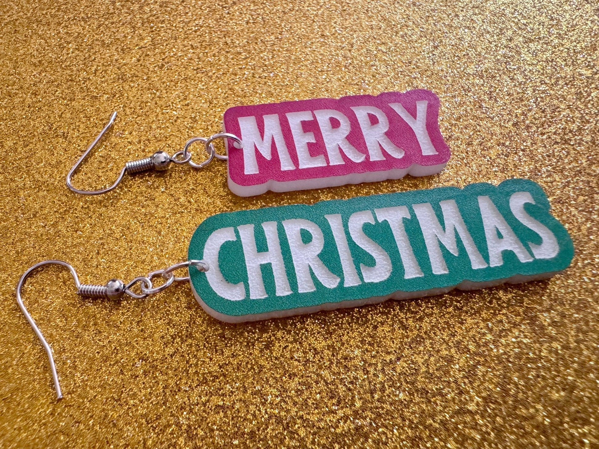 Merry Christmas Earrings: Laser Cut Acrylic Xmas Text Earrings, X-mas, Winter Holidays, Santa Claus, Presents, Best Gifts for Her/Him/Them