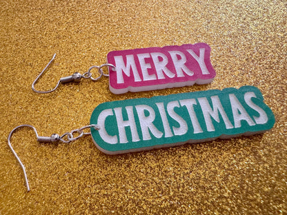Merry Christmas Earrings: Laser Cut Acrylic Xmas Text Earrings, X-mas, Winter Holidays, Santa Claus, Presents, Best Gifts for Her/Him/Them