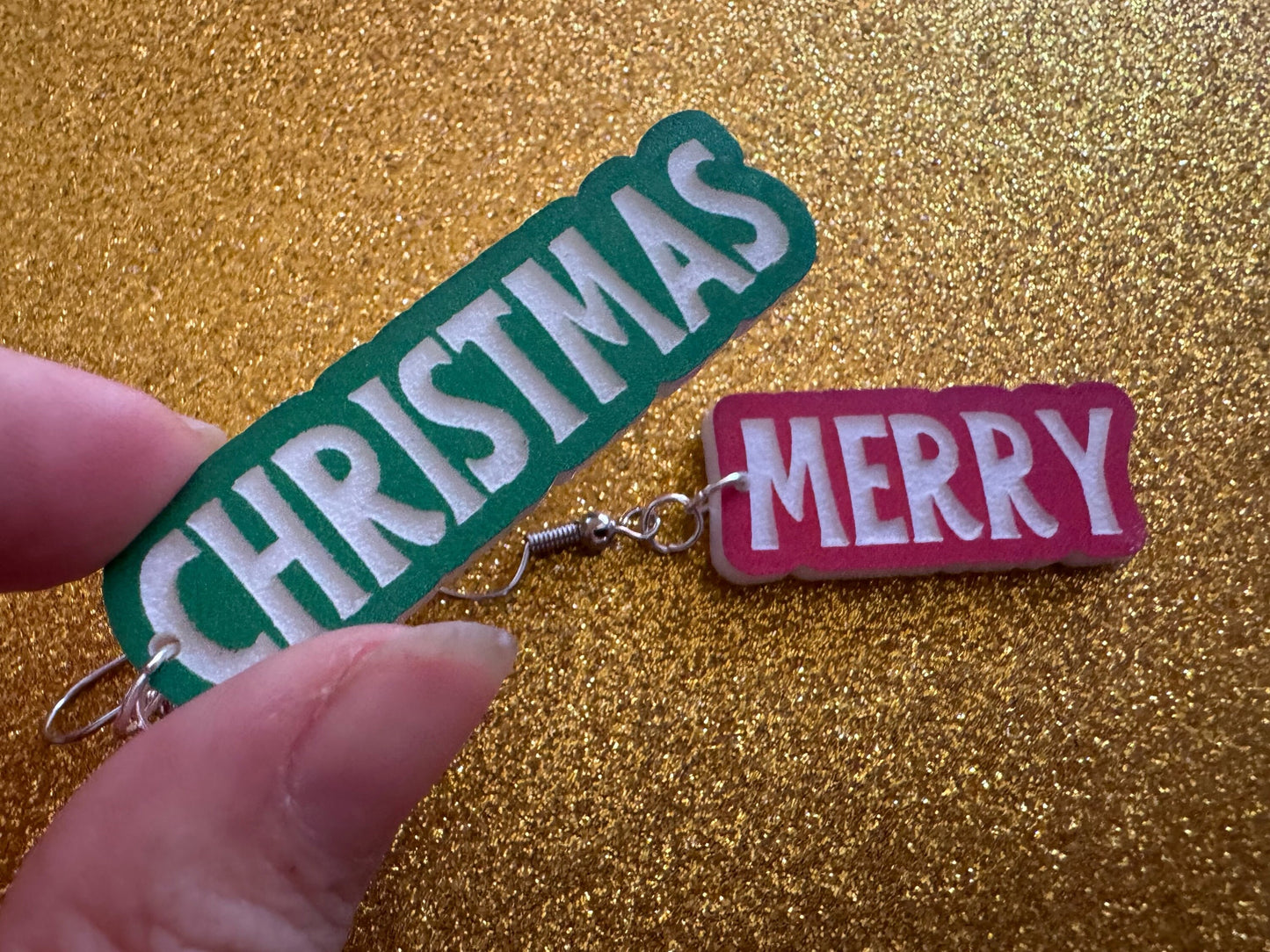 Merry Christmas Earrings: Laser Cut Acrylic Xmas Text Earrings, X-mas, Winter Holidays, Santa Claus, Presents, Best Gifts for Her/Him/Them