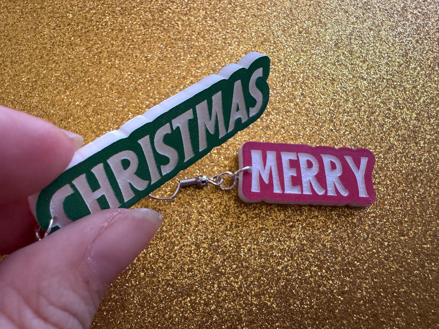 Merry Christmas Earrings: Laser Cut Acrylic Xmas Text Earrings, X-mas, Winter Holidays, Santa Claus, Presents, Best Gifts for Her/Him/Them