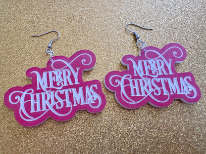 Merry Christmas Earrings: Laser Cut Acrylic Xmas Text Earrings, X-mas, Winter Holidays, Santa Claus, Presents, Best Gifts for Her/Him/Them